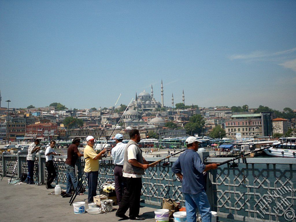 Yeni Galata Kprsnde balk tutanlar, uzakta Sleymaniye Camisi ve alt ksmnda Rstem Paa Camisi.
